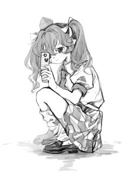 1girl 80isiiii absurdres blush cellphone checkered_clothes checkered_skirt chinese_commentary closed_mouth collared_shirt commentary_request flip_phone full_body greyscale hair_between_eyes hat highres himekaidou_hatate holding holding_phone long_hair monochrome phone pointy_ears puffy_short_sleeves puffy_sleeves shirt shoes short_sleeves simple_background skirt socks solo squatting tokin_hat touhou twintails white_background
