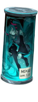 afloat air_bubble arm_tattoo black_boots black_skirt black_sleeves boots breasts bubble can character_name closed_eyes collared_shirt commentary detached_sleeves eyelashes facing_viewer fingernails glowing green_hair green_nails green_necktie green_skirt grey_shirt hatsune_miku headset highres knees_up label liquid microphone myuga66666 nail_polish necktie number_tattoo pleated_skirt shirt simple_background skirt sleeveless sleeveless_shirt submerged tattoo thigh_boots timestamp twintails vocaloid white_background