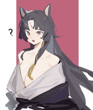 Rule 34 | 1girl, ?, arknights, bare shoulders, black hair, black kimono, breasts, chinese commentary, cleavage, commentary, confused, facial mark, forehead mark, highres, japanese clothes, kimono, long hair, looking at viewer, open mouth, orange eyes, red background, saga (arknights), sketch, smile, solo, two-tone background, white background, ydjc0604