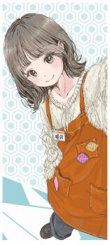 Rule 34 | 1girl, animification, apron, black hair, black shoes, blue background, blue pants, border, closed mouth, collarbone, commentary, green eyes, highres, link! like! love live!, looking at viewer, love live!, name tag, nukuchiyaman, orange apron, pants, real life, sakurai hina, selfie, shoes, smile, solo, sweater, symbol-only commentary, voice actor, white border, white sweater