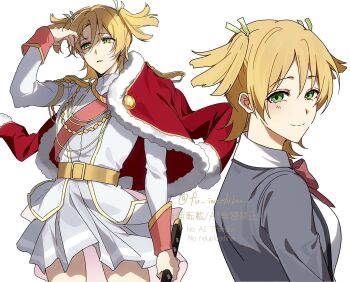 1girl aiguillette arm_at_side arm_up belt belt_buckle blonde_hair blush bow bowtie buckle closed_mouth commentary cowboy_shot daiba_nana epaulettes fu_iwashibou fur-trimmed_jacket fur_trim green_ribbon grey_jacket grey_skirt hair_between_eyes hair_ribbon highres holding holding_sword holding_weapon jacket jacket_on_shoulders long_sleeves looking_ahead looking_at_viewer looking_to_the_side miniskirt multiple_views parted_lips red_bow red_bowtie red_jacket red_sash ribbon sash school_uniform seishou_music_academy_uniform shade short_hair short_twintails shoujo_kageki_revue_starlight shoulder_sash simple_background single_stripe skirt smile standing striped_clothes striped_skirt sword twintails twitter_username upper_body watermark weapon white_background white_jacket yellow_belt