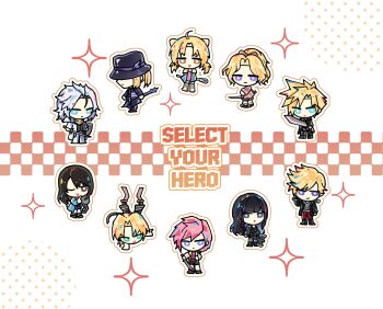 5boys 5girls ahoge animal_hat black_choker black_hair blonde_hair blue_coat blue_eyes brown_hair cain_highwind cardigan cat_hat chibi chibi_only choker closed_mouth cloud_strife cloud_strife_(urban_wolf) coat commentary_request dissidia_duellum_final_fantasy dissidia_final_fantasy dress fedora final_fantasy final_fantasy_i final_fantasy_iv final_fantasy_ix final_fantasy_v final_fantasy_vi final_fantasy_vii final_fantasy_viii final_fantasy_xiii final_fantasy_xiv final_fantasy_xv gaia_(artemis_gothic_dress)_(ff14) gaia_(ff14) green_eyes grey_hair grey_shirt hair_ribbon handstand hat hat_over_eyes highres holding holding_polearm holding_staff holding_sword holding_weapon kain_highwind_(casual_dragoon) korean_commentary krile_mayer_baldesion_(ff5) krile_mayer_baldesion_(out_and_about)_(ff5) light_smile lightning_farron lightning_farron_(modern_jacket) long_hair low_twintails multiple_boys multiple_girls one_eye_closed open_mouth over_shoulder pants parted_bangs pink_cardigan pink_dress pink_hair polearm ponytail prompto_argentum prompto_argentum_(friendly_photographer) purple_eyes red_pants ribbon rinoa_heartilly rinoa_heartilly_(student_sorceress) ry_mangdung shirt short_hair sparkle spiked_hair staff sword terra_branford_(school_cardigan) tina_branford twintails warrior_of_light_(ff1) warrior_of_light_(twilight_overcoat)_(ff1) weapon weapon_over_shoulder white_background white_coat zidane_tribal zidane_tribal_(vacationing_thief)