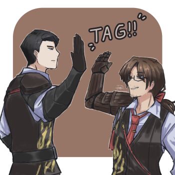 2boys absurdres alternate_costume amputee arm_up armor bags_under_eyes beard_stubble belt belt_buckle black-framed_eyewear black-framed_glasses black_armor black_belt black_gauntlets black_hair black_pants black_suit black_vest bow brown_background brown_hair buckle closed_mouth collared_shirt dress_shirt english_text expressionless facial_hair formal_clothes from_side gauntlets glasses gregor_(project_moon) grin hair_between_eyes hair_bow hair_intakes hair_over_one_eye hair_ribbon hair_slicked_back half-closed_eyes hand_up happy height_difference high_five highres jitome joints limbus_company liu_association_south_uniform long_hair long_sleeves looking_at_another looking_down looking_up low_ponytail male_focus mechanical_arms meursault_(project_moon) multiple_boys necktie official_alternate_costume pants parted_bangs pauldrons photoshop_(medium) ponytail project_moon prosthesis prosthetic_arm red_bow red_necktie red_ribbon red_strap ribbon sanpaku semi-rimless_eyewear shirt short_hair shoulder_armor shoulder_pads signature simple_background single_mechanical_arm smile smirk standing strap stubble suit tag teeth under-rim_eyewear upper_body vest white_background white_shirt wing_collar