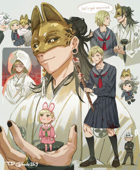 ... 1girl 4boys animal_ear_hairband animal_ears arm_around_shoulder arms_around_neck black_hair black_nails black_sailor_collar black_sclera black_shirt black_skirt black_socks blonde_hair blood blood_on_face blue_eyes blush_stickers bridal_gauntlets brown_shoes clenched_teeth closed_eyes closed_mouth colored_sclera cosplay crossdressing crossdressing_(mtf) crossed_arms earrings english_text eyewear_on_head fake_animal_ears fighting_stance fox_mask fox_mask_(silent_hill) fox_mask_(silent_hill)_(cosplay) full_body getou_suguru gojou_satoru hair_behind_ear hair_bun hairband highres holding holding_hands holding_lead_pipe holding_mallet in_palm japanese_clothes jewelry jujutsu_kaisen kimono lead_pipe loafers long_hair mallet marriage_proposal mask multiple_boys nail_polish nanami_kento neckerchief parted_lips pink_serafuku pink_shirt pink_skirt pink_socks pleated_skirt plug_(piercing) rabbit_ears red_neckerchief robe sailor_collar school_uniform serafuku shimizu_hinako shimizu_hinako_(cosplay) shimizu_hinako_(pink_rabbit_costume) shirt shoes short_hair silent_hill_(series) silent_hill_f single_earring skirt smile socks spiked_hair spoken_ellipsis sunglasses swept_bangs tassel tassel_earrings teeth todo269 twitter_username uchikake white_hair white_kimono white_robe white_sailor_collar yaoi yellow_eyes
