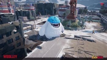 1girl 6+others alien animated audible_music blue_hair blue_sky building character_name cloud copyright_name day destruction dinosaur dirt dragon dress english_text explosion fire flower giant giant_monster gigabash ice inhaling kaiju monster monster_girl mountain multiple_others oil_refinery open_mouth passion_republic_games pipijuras plant rawa rohanna skirt sky smoke smokestack snow snowball sound space_monster statue tail teeth tentacles thorns tongue transmission_tower video vines woolley