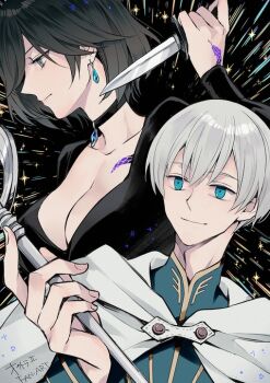 1boy 1girl black_background black_choker black_hair blue_eyes breasts choker cleavage closed_mouth collarbone commentary_request dagger double-parted_bangs earrings emphasis_lines grel_(r6hgvu5) grey_eyes grey_hair holding holding_dagger holding_knife holding_staff holding_weapon jewelry knife large_breasts octopath_traveler octopath_traveler_ii short_hair smile snake_tattoo staff tattoo temenos_mistral throne_anguis weapon