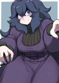 1girl @_@ bags_under_eyes blue_eyes blue_hair breasts closed_mouth commentary_request dress ghost_pose hairband hex_maniac_(pokemon) hex_maniac_(pokemon_xy) highres john_(a2556349) large_breasts long_dress long_hair long_sleeves messy_hair nintendo plump pokemon pokemon_xy purple_hairband purple_nails simple_background smile solo