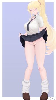 1girl absurdres aximily black_choker black_necktie blonde_hair breasts brown_shoes choker clothes_lift female_pubic_hair hair_between_eyes highres large_breasts lifting_own_clothes loafers long_hair loose_socks necktie panties panty_pull ponytail pubic_hair purple_eyes pussy rwby shoes short_sleeves skirt skirt_lift smile socks solo uncensored underwear very_long_hair white_panties white_socks yang_xiao_long