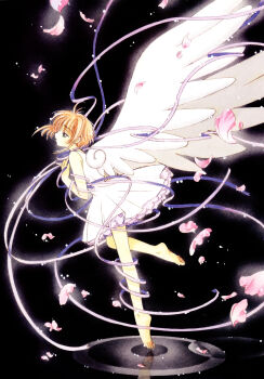 1990s_(style) 1girl absurdres antenna_hair barefoot black_background brown_hair cardcaptor_sakura child clamp dress feet female_focus from_side full_body highres kinomoto_sakura official_art petals retro_artstyle ribbon short_hair solo standing standing_on_one_leg wings