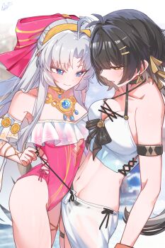 2girls ahoge armlet bare_hips bare_shoulders black_hair blue_eyes blue_sky bow breasts carlotta_(splashing_summer)_(wuthering_waves) carlotta_(wuthering_waves) casual_one-piece_swimsuit cleavage closed_mouth commentary_request criss-cross_halter dated day earrings female_rover_(wuthering_waves) frilled_one-piece_swimsuit frills gold_hairband hair_bow hair_ribbon hairband halterneck highres jewelry large_breasts long_hair looking_down low_ponytail medium_breasts multiple_girls navel off-shoulder_one-piece_swimsuit off_shoulder official_alternate_costume one-piece_swimsuit outdoors paid_reward_available parted_bangs parted_lips pink_bow pink_one-piece_swimsuit ponytail ribbon rover_(wuthering_waves) sarong signature sky smile starblame stomach striped_bow swimsuit thighs triangle_earrings very_long_hair white_sarong wuthering_waves yellow_eyes yellow_ribbon yuri