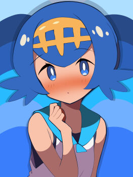 1girl :o blue_background blue_eyes blue_hair blush bright_pupils commentary_request fruitycatyt hairband hand_up highres lana_(pokemon) looking_at_viewer nintendo no_sclera open_mouth pokemon pokemon_sm shirt short_hair sleeveless sleeveless_shirt solo swimsuit swimsuit_under_clothes upper_body white_pupils white_shirt yellow_hairband