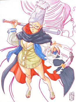 1girl acecore2k aqua_eyes ayase_seiko baseball_bat beehive_hairdo black_cape blue_jacket breasts cape cigarette commentary commission dandadan earrings english_commentary full_body glasses highres holding holding_baseball_bat hoop_earrings jacket jewelry large_breasts looking_at_viewer marker_(medium) mature_female metal_baseball_bat parted_lips pen_(medium) pinup_(style) red-framed_eyewear red_cape sandals semi-rimless_eyewear signature solo sukajan sweater tall_hair traditional_media two-sided_cape two-sided_fabric white_background white_hair yellow_sweater