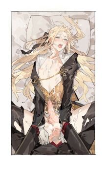 2boys anal antonio_salieri_(fate) blonde_hair blush cum cum_on_body fate/grand_order fate_(series) gloves green_eyes grey_hair hair_ribbon head_on_pillow holding_another&#039;s_wrists jacket long_hair long_sleeves lying male_focus male_pubic_hair multiple_boys nipples on_back on_bed open_mouth partially_undressed penis pillow pov pubic_hair red_eyes ribbon sex shirt starshadowmagician testicles updo wolfgang_amadeus_mozart_(fate) yaoi