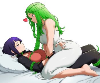 2girls audio_jack black_eyes black_jacket blush boku_no_hero_academia breasts dress evoltodraw fingerless_gloves gloves green_eyes green_hair heart highres jacket jiro_kyoka large_breasts long_earlobes long_hair medium_breasts multiple_girls on_bed pillow pink_shirt plant plant_hair prehensile_hair purple_hair shiozaki_ibara shirt short_hair straddling thorns very_long_hair vines white_dress wrapped_up yuri