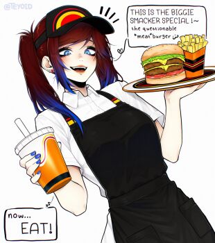 1girl apron black_apron blue_eyes blue_streaks breasts brown_hair burger commentary cowboy_shot cup disposable_cup ear_piercing english_commentary english_text food french_fries highres holding holding_cup holding_plate long_hair looking_at_viewer mole mole_under_eye multicolored_hair notice_lines open_mouth original piercing plate shirt short_sleeves simple_background smile solo speech_bubble streaked_hair swept_bangs talking teyoid twintails valerie_(teyoid) visor_cap white_background white_shirt