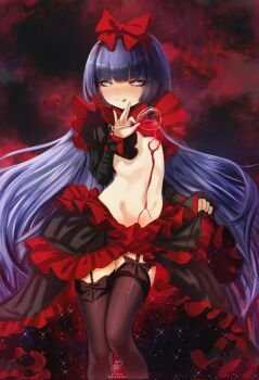 1girl alcohol ars_lycorys artist_name black_souls black_souls_2 black_thighhighs blue_eyes blue_hair blush bow bowtie breasts clothes_lift commission cup dress dress_lift drinking_glass eyelashes flat_chest frilled_shrug garter_straps highres hime_cut liquid loli long_hair looking_at_viewer mabel_(black_souls) midriff nipples pouring pouring_onto_self red_bow red_dress revealing_clothes ribs shrug_(clothing) sky small_breasts smile solo solo_focus standing star_(sky) star_(symbol) star_in_eye starry_sky symbol_in_eye thighhighs tongue tongue_out topless_female universe very_long_hair wine wine_glass