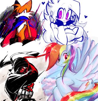 2boys 2girls animal_ears blue_scarf breasts cleavage cleavage_cutout clothing_cutout fingerless_gloves fox fox_boy fox_ears furry furry_female furry_male gloves hank_j._wimbleton heart heart-shaped_pupils highres horse_girl large_breasts looking_at_viewer luther madness_combat multicolored_hair multiple_boys multiple_girls my_little_pony orange_fur pegasus purple_eyes rainbow rainbow_dash red_eyes scarf sky_(friday_night_funkin&#039;) smile sonic.exe sonic_(series) symbol-shaped_pupils tinted_glasses usa37107692 white_fur wings