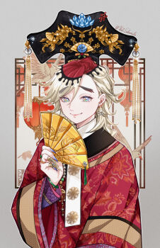 1boy absurdres aged_down bird blue_nails bracelet chinese_clothes douma_(kimetsu_no_yaiba) earrings fake_nails fingernails hair_between_eyes hand_fan highres holding holding_fan jewelry kimetsu_no_yaiba kio_(kioyaaa1226) lantern long_fingernails long_hair long_sleeves looking_at_viewer male_focus multicolored_eyes multiple_bracelets multiple_earrings multiple_rings paper_lantern ring smile tassel white_hair wide_sleeves