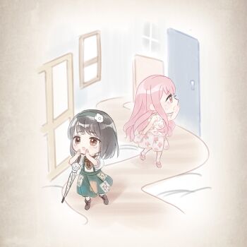 2girls ankle_socks artist_request bare_arms bare_shoulders boots brown_boots brown_eyes brown_hair brown_ribbon character_request chibi closed_umbrella cross-laced_clothes cross-laced_top crying crying_with_eyes_open door floral_print flower frilled_shirt frills game_cg green_hairband green_skirt hair_flower hair_ornament hairband hands_on_own_cheeks hands_on_own_face lace-up_boots light_blush long_hair long_sidelocks mary_janes medium_hair medium_skirt miracle_nikki multiple_girls neck_ribbon nikki_(nikki) nikki_(series) official_art open_mouth patchwork_clothes path pink_hair pink_shoes pleated_skirt puffy_short_sleeves puffy_sleeves ribbon road rose_print shirt shoes short_sleeves sidelocks skirt skirt_set sleeveless sleeveless_shirt socks standing suspender_skirt suspenders tareme tears third-party_source umbrella very_long_hair walking wavy_hair white-stew white_background white_flower white_shirt white_skirt white_socks white_umbrella window worried