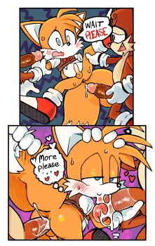 3boys bow bowtie bullying gloves multiple_boys penis pulling_tail rexuranus sega shirt shoes shorts sonic_(series) tails_(sonic) testicles vest yaoi