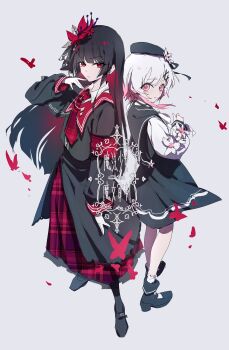 Rule 34 | 2girls, absurdres, armband, back-to-back, beret, black dress, black hair, black hat, black shirt, black shoes, black skirt, bug, butterfly, cherry blossoms, chinese commentary, closed mouth, collared shirt, commentary request, dress, flower, full body, gradient hair, grey background, hair flower, hair ornament, hand up, hat, highres, insect, liusang, long hair, long sleeves, looking at viewer, looking back, mahou shoujo no majo saiban, multicolored hair, multiple girls, necktie, nikaido hiro, pink eyes, pink hair, pleated skirt, red armband, red butterfly, red eyes, red flower, red necktie, sakuraba ema, shirt, shoes, short hair, skirt, standing, white hair, x hair ornament