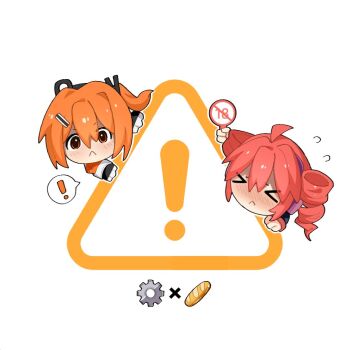 ! &gt;_&lt; 2girls :&lt; a.i._voice adachi_rei baguette blush bread chibi chibi_only closed_mouth content_rating drill_hair embarrassed flying_sweatdrops food gears gloves holding holding_sign implied_yuri kasane_teto looking_at_viewer multiple_girls orange_eyes orange_hair red_hair sexually_suggestive sign spoken_exclamation_mark twin_drills utau warning_sign white_background yi_xing_luren