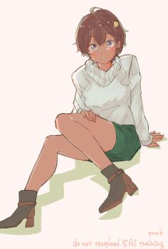 1girl ahoge alternate_costume black_hair boots dark-skinned_female dark_skin doyoufeellucky food-themed_hair_ornament full_body green_skirt hair_ornament hand_on_own_thigh high_heel_boots high_heels lemon_hair_ornament long_sleeves looking_at_viewer make_heroine_ga_oo_sugiru! miniskirt parted_lips pencil_skirt purple_eyes short_hair signature sitting skirt solo sweater white_sweater yakishio_lemon