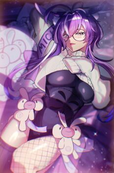 Rule 34 | 1girl, black-framed eyewear, black leotard, breasts, character name, fishnet pantyhose, fishnets, glasses, grey hair, grey sweater, highres, jared (michi mochievee), large breasts, leotard, long hair, looking at viewer, michi mochievee, michi mochievee (bunny), multicolored hair, open mouth, pantyhose, purple hair, solo, sweater, two-tone hair, umiya (umiya illuillu), underboob, very long hair, virtual youtuber, vshojo