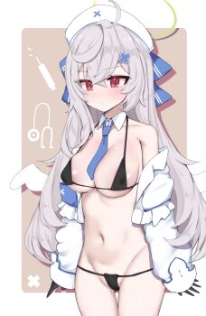 1girl beatrixa_(stella_sora) bikini black_bikini black_gloves border closed_mouth commentary_request covered_erect_nipples cowboy_shot crossed_bangs detached_collar detached_sleeves gloves green_halo green_necktie grey_hair halo halterneck hat highres long_hair looking_afar micro_bikini necktie nurse_cap pink_eyes rocha_(aloha_ro_cha) sleeves_past_wrists solo standing stella_sora string_bikini swimsuit white_border white_hat