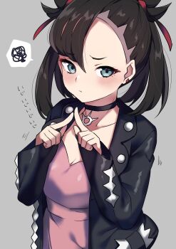 1girl black_hair black_jacket blue_eyes choker dress female_focus highres jacket long_sleeves marnie_(pokemon) nintendo pink_dress pokemon pokemon_swsh pout shirasu_uni sleeves_past_wrists solo twiddling_fingers twintails