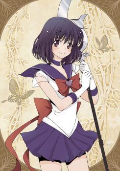 1girl bishoujo_senshi_sailor_moon black_hair bow brooch brown_background choker circlet closed_mouth cowboy_shot gloves heart heart_brooch holding holding_polearm holding_spear holding_weapon jewelry looking_at_viewer magical_girl pleated_skirt polearm purple_eyes purple_neckwear purple_sailor_collar purple_skirt red_bow sailor_collar sailor_saturn sailor_senshi_uniform short_hair silence_glaive skirt smile solo spear standing star_(symbol) star_choker super_sailor_saturn tomoe_hotaru weapon white_gloves xiuren