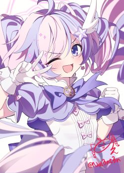1girl ;d absurdres ahoge blue_archive blurry blurry_foreground blush bow bowtie commentary cropped_jacket depth_of_field drill_hair earrings gloves hair_ornament halo heart heart_in_eye highres jacket jewelry long_hair looking_at_viewer magical_girl multicolored_hair noten_(notententen) official_alternate_costume one_eye_closed open_mouth pink_eyes pink_hair pink_halo purple_bow purple_bowtie purple_eyes purple_hair purple_jacket reisa_(blue_archive) reisa_(magical)_(blue_archive) shirt short-sleeved_jacket short_sleeves signature smile solo sparkle star_(symbol) star_earrings star_hair_ornament star_halo symbol_in_eye twin_drills twintails twitter_username two-tone_hair upper_body v-shaped_eyebrows w w_over_eye white_gloves white_shirt wing_hair_ornament