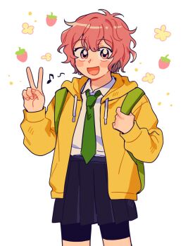 Rule 34 | 1girl, antenna hair, backpack, bag, bike shorts, bike shorts under skirt, black shorts, black skirt, blush, collared shirt, commentary request, eighth note, green necktie, highres, hood, hooded jacket, jacket, korean commentary, long sleeves, looking at viewer, messy hair, musical note, necktie, open clothes, open jacket, open mouth, original, pink eyes, pink hair, pleated skirt, shirt, short hair, shorts, sihyun25, simple background, skirt, smile, v, white background, white shirt, yellow jacket