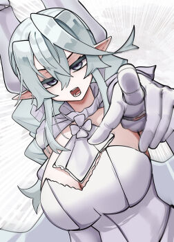 absurdres alternate_hairstyle breasts cotan_(actancyaga) demon_girl demon_horns demon_wings dress duel_monster gloves grey_eyes grey_hair highres horns large_breasts lovely_labrynth_of_the_silver_castle motion_lines pointing pointing_at_viewer pointy_ears simple_background speed_lines upper_body white_dress white_gloves wings yu-gi-oh!