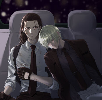 2boys aged_down alternate_hairstyle bindi black_gloves black_hair black_necktie black_pants blonde_hair blood blood_on_arm blood_on_clothes blood_on_face blood_on_hands car car_interior car_seat closed_eyes closed_mouth collar eyelashes final_fantasy final_fantasy_vii final_fantasy_vii_remake formal_clothes gloves gun highres holster jacket unworn_jacket leaning_on_person looking_at_another male_focus medium_hair motor_vehicle multiple_boys necktie night pants parted_lips red_eyes reiya_188_92 rufus_shinra shirt short_hair sitting sleeping square_enix suit suspenders sweat teeth tseng turks_(ff7) weapon white_pants white_shirt wing_collar yaoi