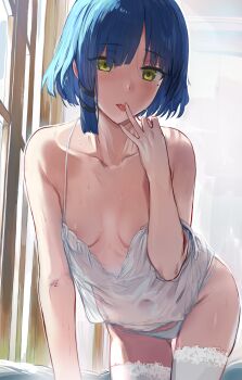 1girl all_fours areola_slip asymmetrical_sidelocks bare_arms bare_shoulders bed_sheet blue_hair blush bocchi_the_rock! breasts breasts_apart camisole collarbone covered_navel hair_ornament hairclip hews highres licking licking_finger looking_at_viewer mole mole_under_eye nipple_slip nipples panties parted_bangs see-through_camisole see-through_clothes short_hair sidelocks simple_background small_breasts solo spaghetti_strap sweat thighhighs tongue tongue_out underwear white_camisole white_panties white_thighhighs window yamada_ryo yellow_eyes