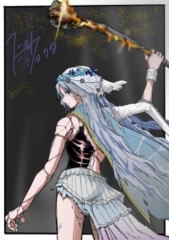 1girl absurdres blue_eyes border commentary_request cosplay cracked_skin doll doll_joints elden_ring elden_ring_nightreign glint grey_hair hammer highres holding holding_hammer holding_weapon joints long_hair looking_back miya_zirou outside_border radagon_of_the_golden_order radagon_of_the_golden_order_(cosplay) revenant_(elden_ring) solo standing weapon white_border