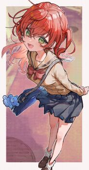 Rule 34 | 1girl, animal charm, arms behind back, bag, blush, bocchi the rock!, border, charm (object), commentary request, green eyes, highres, kita ikuyo, leaning forward, long hair, long sleeves, looking at viewer, one side up, open mouth, red hair, sailor collar, school uniform, scripco, shoulder bag, shuka high school uniform, skirt, smile, socks, solo, white border, white socks