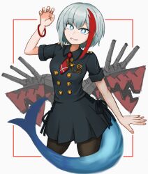 Rule 34 | 1girl, admiral graf spee (azur lane), admiral graf spee (girl&#039;s sunday) (azur lane), arm up, azur lane, black dress, black pantyhose, blue eyes, buttons, claw pose, collared dress, cross, dress, grin, highres, iron cross, looking at viewer, medal, multicolored hair, nagabegi (ryuuboku), necktie, official alternate costume, open mouth, pantyhose, red hair, red necktie, short hair, short sleeves, sketch, smile, solo, streaked hair, turret, white hair