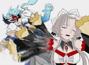 1boy 1girl arms_up black_bow black_mask black_sleeves blue_hair blue_skin bow buttons clenched_hand closed_eyes colored_skin commentary_request covered_eyes detached_collar detached_sleeves dottore_(genshin_impact) dress eye_mask floating_hair frills gem genshin_impact gloves grey_hair hair_bow hand_on_own_head highres hitting jewelry k_o_tuzumi lapels long_hair long_sleeves mask meme naoya_hitting_choso_without_looking_(meme) open_mouth pendant red_gemstone sandrone_(genshin_impact) short_hair_with_long_locks simple_background sleeveless sleeveless_dress strapless strapless_dress teeth upper_body white_background white_dress white_gloves white_headdress wide_sleeves wing_collar