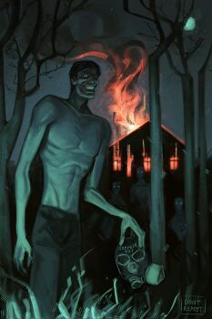 1boy 3others bare_tree black_hair burning emaciated evil_grin evil_smile feet_out_of_frame fire gas_mask grass grin highres holding holding_mask house intruder_(no_i&#039;m_not_a_human) looking_at_viewer mask multiple_others night no_i&#039;m_not_a_human people short_hair skyfree_art smile solo standing topless_male tree