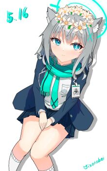 1girl abydos_high_school_logo animal_ear_fluff animal_ears aqua_scarf blue_archive blue_eyes blue_halo blue_jacket blue_skirt blush breast_pocket bright_pupils collared_shirt commentary_request dated drop_shadow feet_out_of_frame flower from_above grey_hair hair_between_eyes halo head_wreath id_card jacket kneehighs long_sleeves looking_at_viewer medium_hair miniskirt mismatched_pupils misono_(misonokei) pleated_skirt pocket scarf shiroko_(blue_archive) shirt signature sitting skirt smile socks solo thighs white_flower white_pupils white_shirt white_socks wolf_ears