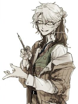 Rule 34 | 1other, brown hair, brown jacket, crazy smile, glasses, green vest, grin, gyujik qzc, hands up, holding, holding syringe, jacket, medicine pocket, medicine pocket (the cosmos photographer), medium hair, multicolored hair, official alternate costume, open clothes, open jacket, reverse:1999, shirt, single off shoulder, smile, solo, sweater vest, syringe, upper body, vest, white background, white hair, white shirt, yellow eyes