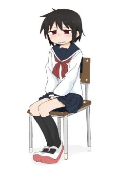 Rule 34 | 1girl, between legs, black hair, black socks, blue sailor collar, blue skirt, blush, chair, clenched teeth, embarrassed, female focus, flat chest, full body, half-closed eyes, hand between legs, have to pee, kneehighs, large variant set, legs together, long sleeves, looking afar, miniskirt, neckerchief, nose blush, on chair, original, own hands together, pleated skirt, ponnu (tnpn2yw), raised eyebrows, red eyes, red neckerchief, red shoes, sailor collar, school chair, school uniform, serafuku, shirt, shoes, short hair, sidelocks, sitting, skirt, socks, solo, teeth, v arms, variant set, wavy mouth, white shirt