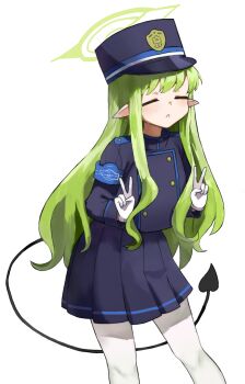 Rule 34 | 1girl, :<, = =, armband, black tail, blue archive, blue armband, blue hat, buttons, closed eyes, closed mouth, cowboy shot, demon tail, double-breasted, flat chest, gloves, green hair, green halo, halo, hat, highres, hikari (blue archive), jacket, kepi, long hair, long sleeves, military hat, pantyhose, pleated skirt, pointy ears, school uniform, shoulder boards, skirt, solo, tail, user ngnd2285, v, wavy hair, white gloves, white pantyhose