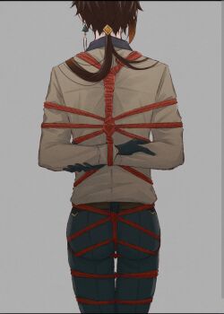 1boy aoi128_gnsn bdsm bondage bound from_behind genshin_impact highres male_focus red_rope rope shibari shibari_over_clothes solo tied_up zhongli_(genshin_impact)