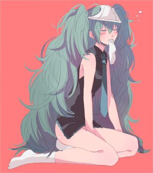1girl 50yen_(gojiue) bad_id bad_pixiv_id blush_stickers closed_eyes eating female_focus green_hair hatsune_miku long_hair messy_hair mouth_hold necktie object_on_head panties panties_on_head saliva simple_background sitting sleepy sock_gag socks solo underwear very_long_hair vocaloid wardrobe_error