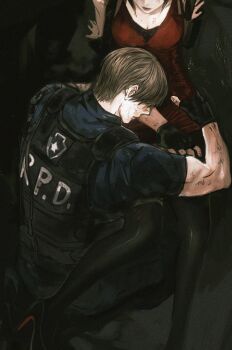 1boy 1girl ada_wong arms_up black_gloves black_hair blonde_hair blue_shirt breasts bulletproof_vest cleavage closed_mouth commentary dress fingerless_gloves from_above gloves hayashishisou highres leon_s._kennedy medium_breasts police police_uniform policeman red_dress resident_evil resident_evil_2 resident_evil_2_(remake) shirt short_hair short_sleeves symbol-only_commentary