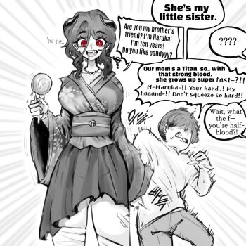 Rule 34 | 1boy, 1girl, breasts, brother and sister, english text, faceless, faceless male, highres, horns, japanese clothes, kimono, monochrome, oligogi meoggosipda, red eyes, siblings, sisters, tall female, white background