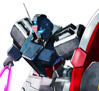 Rule 34 | absurdres, blue visor, energy sword, gundam, gundam seed, highres, holding, holding beam saber, holding shield, holding sword, holding weapon, mecha, mecha focus, mobile suit, nagi (user dwyh2252), no humans, radio antenna, robot, science fiction, shield, solo, strike dagger, sword, upper body, weapon, white background